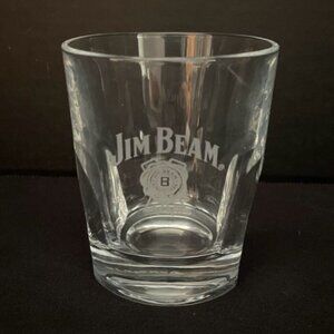Jim Beam Low Ball Whiskey Glass Clear Etched Indented Sides 8 oz Barware